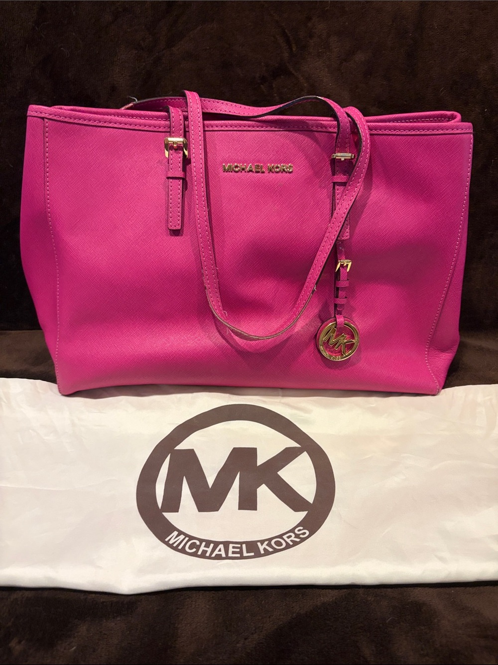 Michael Kors Hot Pink Saffiano Leather Tote with Gold Hardware